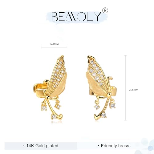 Bemoly Ear Cuff Earrings for Women 14K Gold Plated Cubic Zirconia Dangle Huggie Ear Cuffs Non Piercing | Clip On Cartilage - style: Butterfly