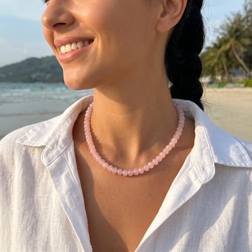 Gemstone Beaded Necklace for Women Colorful Natural Stone Freshwater Pearl Surfer Beach Rainbow Necklace Jewelry Gift - color: Pink