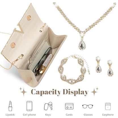 YYW 4 Pieces Women Evening Handbags Clutch Purse Bag with Rhinestone Crystal Jewelry Set for Wedding Party - color: gold 2