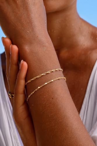 Moodear Gold Bracelets for Women, 2PCS Dainty 14K Gold Plated Link Chain | Waterproof Non Tarnish Jewelry, Adjustable Gold Plated Link & Bead Chain, Perfect for Daily Wear, Vacation Outfits & Gifts - color: gold-1