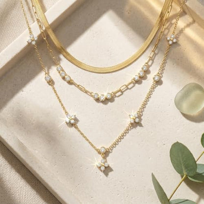 Coolkin 3 PCS Women Gifts Layered Gold Necklace for Women,14K Gold Plated Dainty CZ Pendant Layering Gold Necklaces Set Chain Choker Cubic Zirconia Necklace Trendy Jewelry Gifts - style: Clover CZ