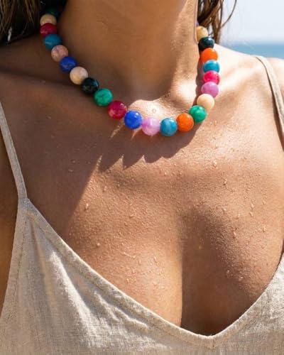 Chunky Beaded Necklace for Women Boho Statement Bead Necklace | Adjustable, Lightweight Choker, Round/Oval/Pebble Beads, Trendy Summer Beach Jewelry - color: Colorful