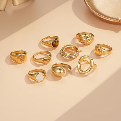 YeGieonr Gold Rings for Women Trendy Non Tarnish Chunky Gold Plated Ring, Waterproof Stainless Steel Gold Jewelry Gift - color: Round Shell, size: 7
