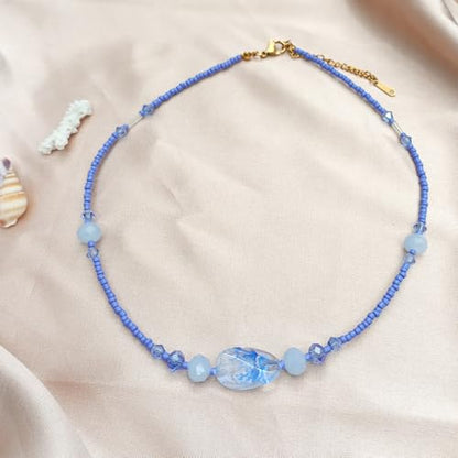 Beaded Necklaces for Women Summer Beach Beaded Necklace Bead Choker Boho Necklaces for Women Handmade Summer Jewelry Stainless Steel 18K Gold Plated - color: Blue