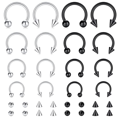 16G Septum Nose Rings Stainless Steel Hinged Seamless Nose Hoop Ring Horseshoe Piercing Jewelry Captive Bead Ring Helix Daith Tragus Cartilage Earrings for Women Men - style: style1-silver&black