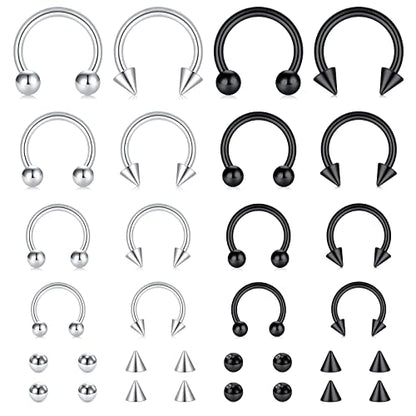 16G Septum Nose Rings Stainless Steel Hinged Seamless Nose Hoop Ring Horseshoe Piercing Jewelry Captive Bead Ring Helix Daith Tragus Cartilage Earrings for Women Men - style: style1-silver&black