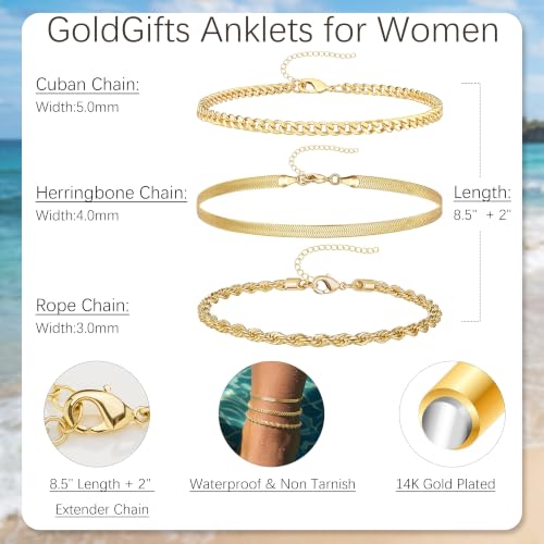 Waterproof Ankle Bracelets for Women,14k Gold Plated Hypoallergenic Layered Stackable herringbone Cuban Link Chain,Adjustable Beach Anklets Bracelets for Women Gift 3pc Sets - color: Gold