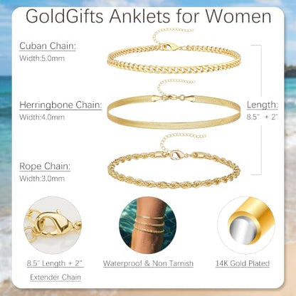 Waterproof Ankle Bracelets for Women,14k Gold Plated Hypoallergenic Layered Stackable herringbone Cuban Link Chain,Adjustable Beach Anklets Bracelets for Women Gift 3pc Sets - color: Gold