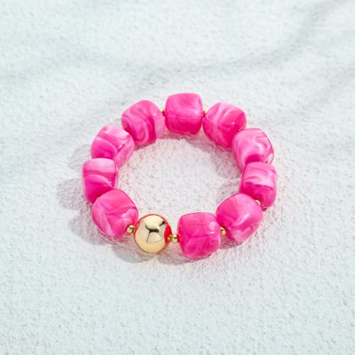 WOWORAMA Chunky Beaded Bracelets for Women Colorful Large Square Beads Bracelet Boho Acrylic Resin Stretch Bracelets Statement Chunky Bracelet Summer Jewelry - color: Square-Rose Red