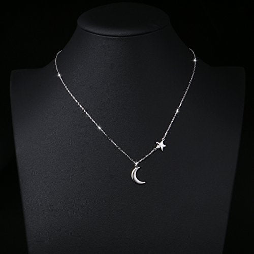 Ladytree 925 Sterling Silver Jewelry Crescent Moon and Star Pendant Necklace - style: One Star A