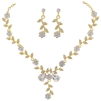 Kamirola Women's Wedding Jewelry Leaf Cluster Flower Crystal Dangle Earrings Pendant Necklace Set for BridalCrystal Bridal Jewelry Set - color: Gold White
