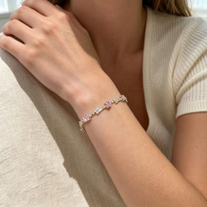 Women's Dainty Pink CZ Tennis Bracelet, 14K Gold Plated Sparkling Cubic Zirconia Chain Bracelet, Delicate Jewelry, Gift for Birthday, Wedding, Anniversary, Suitable for Party, Daily Wear - color: Pink
