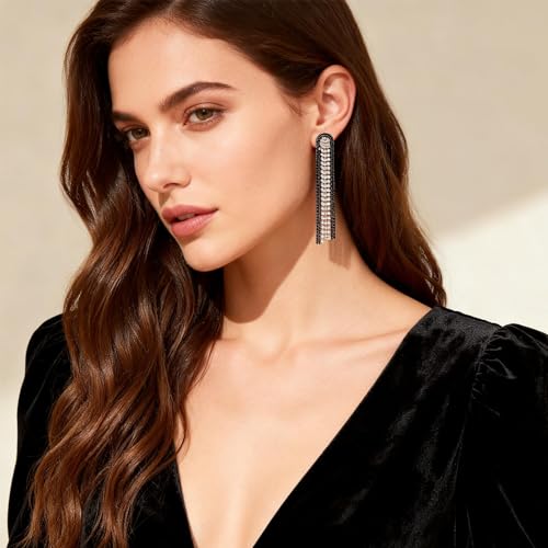 Fringe Dangling Tassel Earrings for Women, Handcrafted Chandelier Long Bohemian Beaded Cubic Zirconia Crystal Imitation Pearls Inlay Statement Boho Chain Hook Earrings for Wedding Party - color: Gold Black Clear Crystal