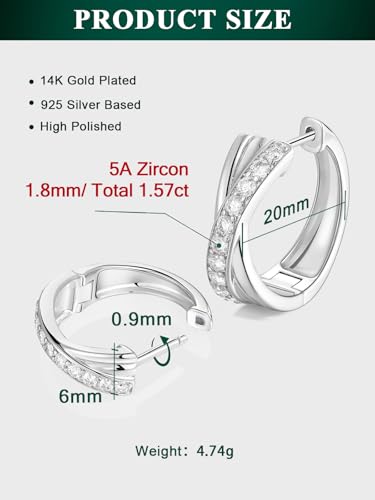Women's Huggie Hoops with Birthstone 925 Sterling Silver Huggie Stud Hypoallergenic 14K Gold Plated Moissanite Earrings -Emerald Sapphire Ruby Hoop Earrings, Size 20 25mm - color: B -Silver CZ, size: 20mm (0.78 Inch)