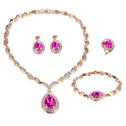 Womens Luxury Africa Dubai 18k Gold Plated Jewelry Sets Wedding Rhinestone Crystal Bib Statement Necklace Earrings Set for Brides Party Prom - color: Hot pink