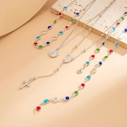 Silvery Layered Necklace for Women, Y Necklace with Cross Pendant, Dainty Stackable Jewelry Gift for Everyday Wear - style: 4PCS - Colorful Chain&Rotundity&Cross Y Bead Chain&Colorful Chain