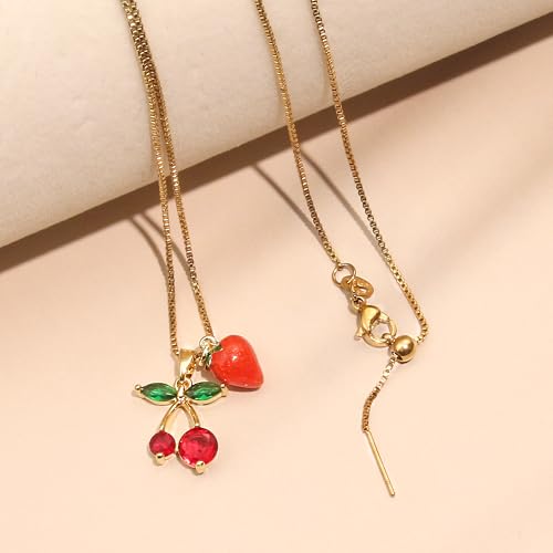 Double Pendant Necklace for Women 18k Gold Plated Necklace Cubic Zirconia Dainty Gold Necklaces for Women - style: Strawberry & Cherry
