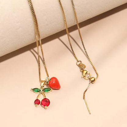 Double Pendant Necklace for Women 18k Gold Plated Necklace Cubic Zirconia Dainty Gold Necklaces for Women - style: Strawberry & Cherry