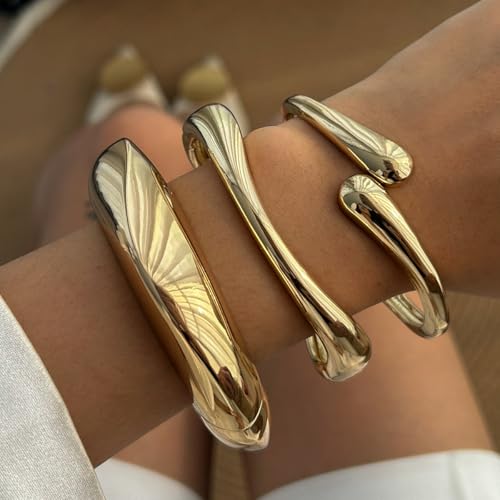 Chunky Gold Bangle Bracelets for Women Stack Wide Wrist Bracelets Gold Stackable Bracelets Jewelry - style: G-3pcs
