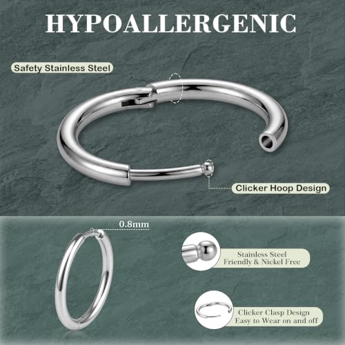 ONESING 10 Pairs Mens Hoop Earrings Stainless Steel Silver/Black Mens Earrings Hoop Hypoallergenic Huggie Hoop Earrings for Men Women Multiple Piercings 8mm/10mm/12mm/14mm/16mm - color: Silver/Black