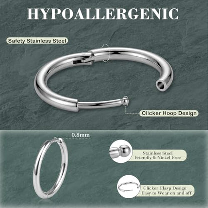 ONESING 10 Pairs Mens Hoop Earrings Stainless Steel Silver/Black Mens Earrings Hoop Hypoallergenic Huggie Hoop Earrings for Men Women Multiple Piercings 8mm/10mm/12mm/14mm/16mm - color: Silver/Black