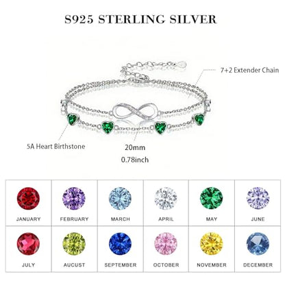 Prismata Infinity Birthstone Charm Link Bracelet/Anklet 925 Sterling Silver Adjustable 12 Months Birthstone Infinity Bracelet/Anklet Birthday Jewelry Gifts for Women Her - color: 05-May, size: 7'+2' Bracelet