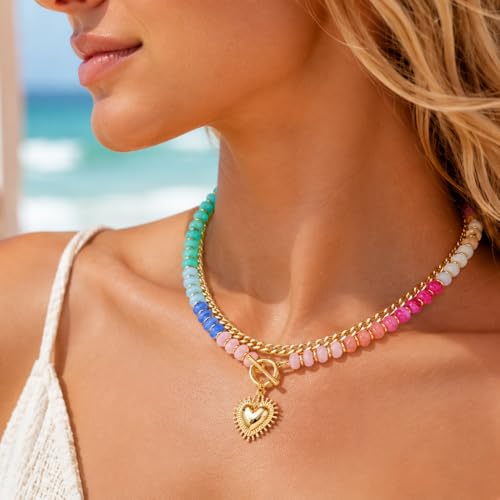 Colorful Beaded Necklace For Women, Boho Double Layered Chunky Gold Cuban Chain Rainbow Beads Heart Pendant Y2K Statement Choker Summer Beach Jewelry Gift - color: Layered-colorful
