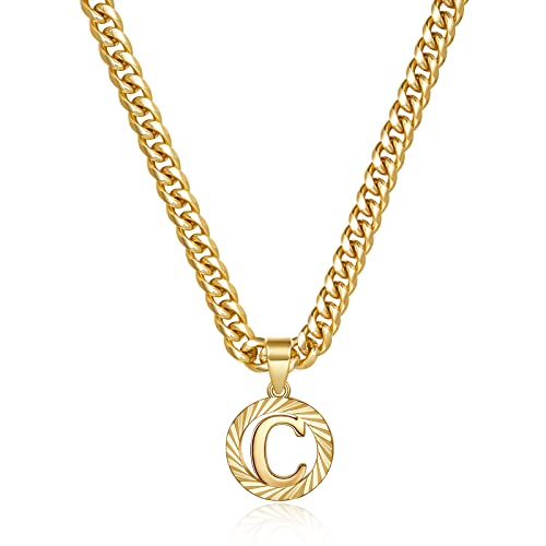 KissYan Initial Pendant Necklaces for Women Men | 14K Gold Filled/White Gold Plated, Hollow Round Letter Capital Monogram Charm with 5mm Cuban Chain, Alphabets from A-Z - color: Gold, style: C