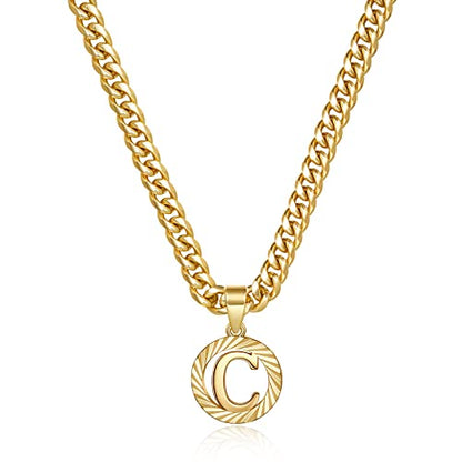 KissYan Initial Pendant Necklaces for Women Men | 14K Gold Filled/White Gold Plated, Hollow Round Letter Capital Monogram Charm with 5mm Cuban Chain, Alphabets from A-Z - color: Gold, style: C