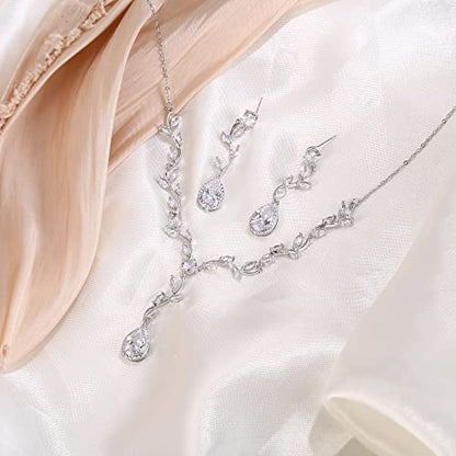 Crysdue Women's Wedding Bridal Jewelry Set for Brides Bridesmaids Cubic Zirconia Flower Leaf Vine Necklace Dangle Earrings for Prom Party - style: 5-silver
