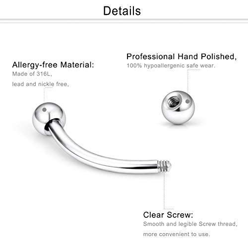 Eyebrow Ring Bar 16G Stainless Steel Curved Barbell Clear Diamond CZ Piercing Body Jewelry Retainer for Women Men 12-16 Pieces - color: 16Pcs-16G-Silvertone