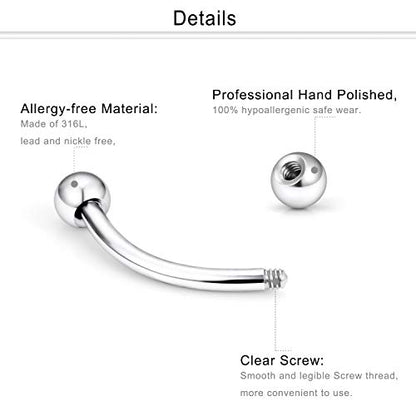 Eyebrow Ring Bar 16G Stainless Steel Curved Barbell Clear Diamond CZ Piercing Body Jewelry Retainer for Women Men 12-16 Pieces - color: 16Pcs-16G-Silvertone