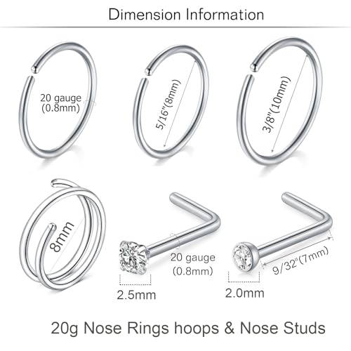 18 Nose Rings Studs Surgical Stainless Steel Hypoallergenic L Shaped Nose Piercing Jewelry for Women Men Silver Black Nostril Hoop Rings 18 Gauge - style: D1-20gauge -mix colors