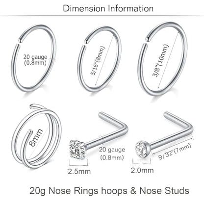 18 Nose Rings Studs Surgical Stainless Steel Hypoallergenic L Shaped Nose Piercing Jewelry for Women Men Silver Black Nostril Hoop Rings 18 Gauge - style: D1-20gauge -mix colors