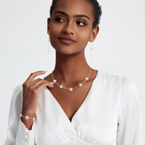 Zeffy Gold Pearl Necklace for Women, Dainty 14K Gold/Silve Plated Layered Pearl Choker Pearl Earrings Pearl Bracelets Wedding Trendy Gold Jewelry Set for Women Gifts - style: Gold Daisy Pearl Necklace&Drop Earrings&Bracelet-3PCS