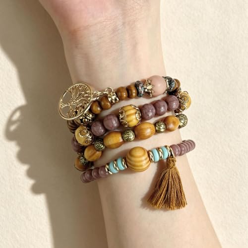 4Pcs Boho Vintage Caramel Tone Wooden Beaded Bracelet Set, Multi-Strand Tassel Stretch Turquoise Jewelry for Women