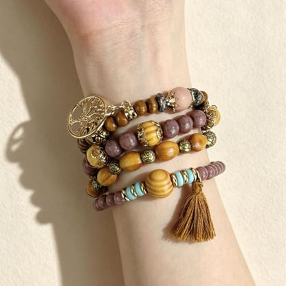 4Pcs Boho Vintage Caramel Tone Wooden Beaded Bracelet Set, Multi-Strand Tassel Stretch Turquoise Jewelry for Women