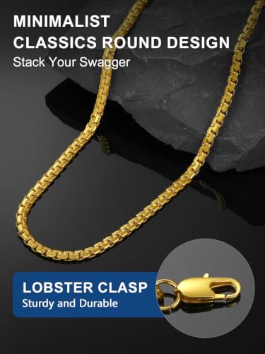 ChainsPro Stainless Steel Chains for Pendants, Flat Box Chain for Mens | Hypoallergenic Unisex Box Chain, Daily Wear Essential Necklaces for Pendant, Black/Silver/Gold Plated, Waterproof, No Tarnish - color: Gold Plated