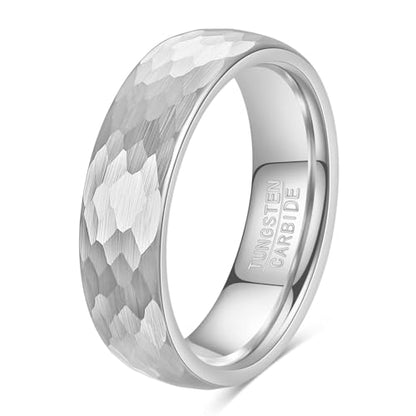4-6mm Hammered Tungsten Wedding Band Matte for Men and Women | Matte Brushed Finish, Scratch and Fade Resistant, Engraved Faceted Pattern, Dome Profile, 4mm/6mm/8mm, Sizes 6–12 - color: 6mm Hammered Silver