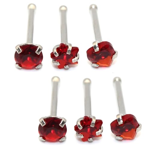 6-Piece Nose Piercing Studs Set, 20G Stainless Steel Nose Studs, 3mm Crystal Heart Star Round Shapes, 0.8x7mm Bone - color: Red