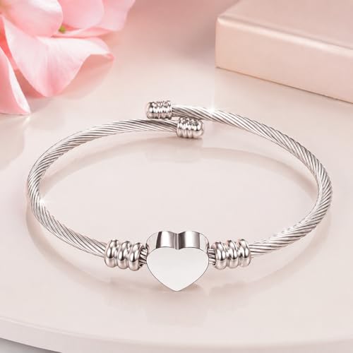 Stainless Steel Heart Charm Snake Chain Bracelet - Adjustable Silver Bangle for Women, Hypoallergenic Waterproof Jewelry Gift for Birthday, Anniversary, Valentine's Day - color: Silver White-C