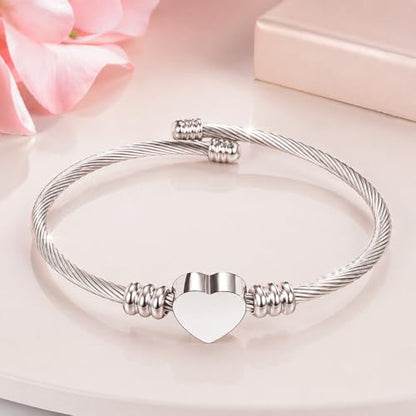 Stainless Steel Heart Charm Snake Chain Bracelet - Adjustable Silver Bangle for Women, Hypoallergenic Waterproof Jewelry Gift for Birthday, Anniversary, Valentine's Day - color: Silver White-C