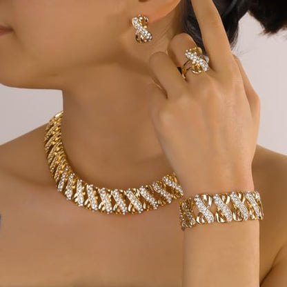 Fashion Crystal Jewelry Set Gold Plated Jewelry Weddings Dubai Gold Necklace Earrings Set Gift - color: Crystal choker