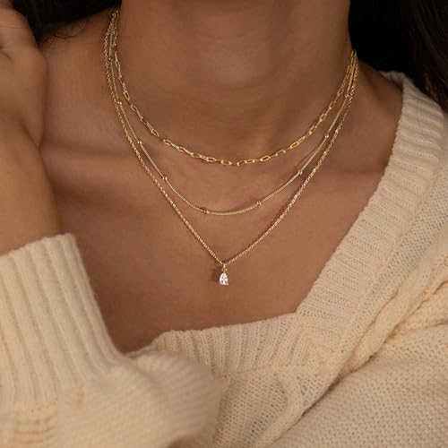 Dainty Layered Necklaces for Women,14k Gold Plated CZ Choker Necklace Stack | 14K Gold Plated Necklace set,Non Tarnish Hypoallergenic Beaded Paperclip Chain Necklace Stack Women's Minimalist Jewelry Gift - color: Gold-1