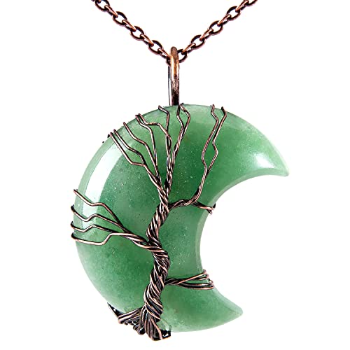 Bivei Life Tree Crescent Moon Necklaces for Women | Copper Wire Wrap Gemstones Pendant Crystals and Natural Stones Necklace Witch Jewellery Christmas Valentine's Day for Friends - color: Green - Green Aventurine, style: Pack of 1