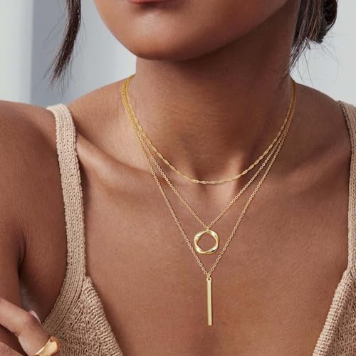 Vintage Layered Bar Pendant Necklace Hollow Circle Choker Necklace Gold Vertical Bar Necklaces Multilayer Chain Necklaces Jewelry for Women