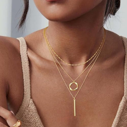 Vintage Layered Bar Pendant Necklace Hollow Circle Choker Necklace Gold Vertical Bar Necklaces Multilayer Chain Necklaces Jewelry for Women