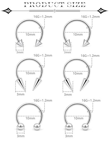 6Pcs Septum Rings 16G Surgical Steel Snake Bite Jewelry Long Spike Horseshoe Lip Rings Smiley Piercing Jewelry for Women Men 8mm 10mm - color: 16g,Diameter:10mm,silvertone