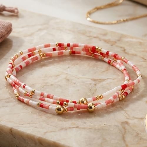 Dainty Gold Plated Tiny Ball Colorful Beaded Stack Bracelets Sets for Women,3Pcs Stackable Cute Bracelet Stretch Trendy Ball Jewelry Friendship Gift - color: peach-pink
