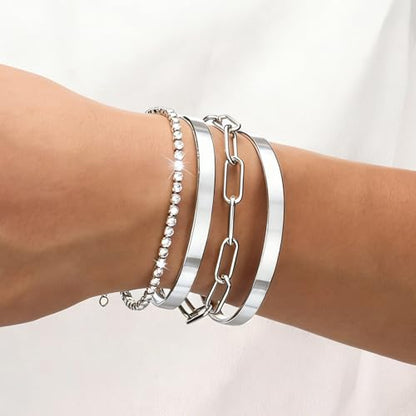 Gold Bracelets Stack Jewelry for Women Non Tarnish Waterproof | 14K Gold Plated Bangle Cuff Bracelet Set Accessories - color: Silver, style: Style B